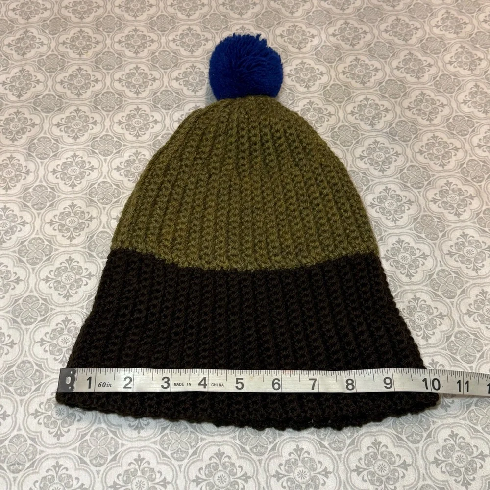 Yves Saint Laurent Olive and Brown Beanie with Blue Pom